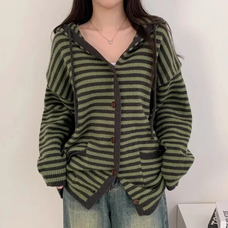 Vintage Striped Loose Hooded Knitted Cardigan