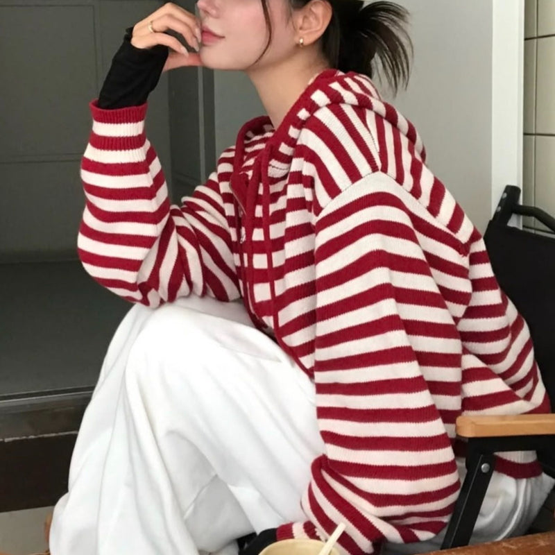 Vintage Striped Oversized Hooded Zip Up Cardigan