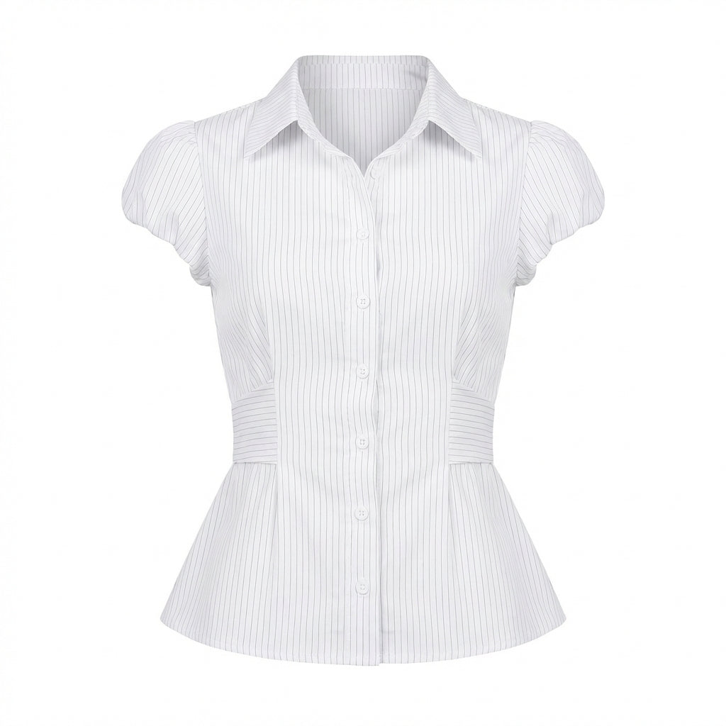 Vintage Striped Puff Short Sleeve Blouse - fairypeony