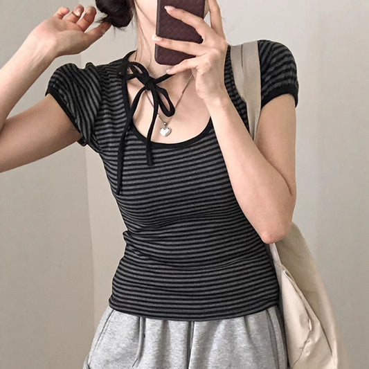 Vintage Striped Round Neck Tied Short Sleeve Tee