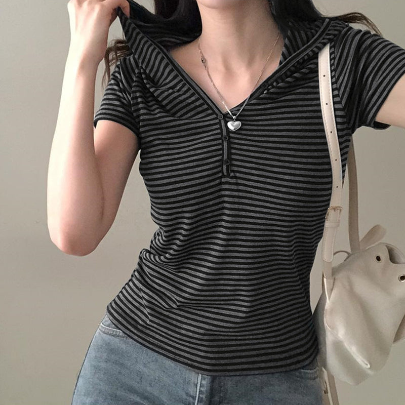Vintage Striped Short Sleeve Hooded Tee