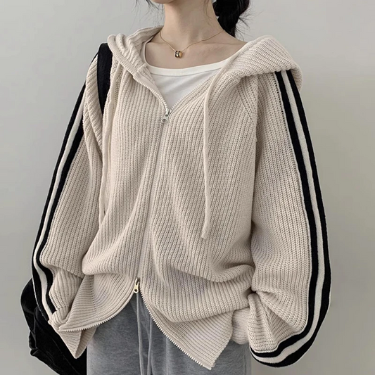 Vintage Striped Sleeve Hooded Zip Up Cardigan