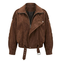 Brown suede jacket with a belt on a white background