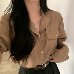 Vintage Suit Collar Double Pocket Long Sleeve Blouse