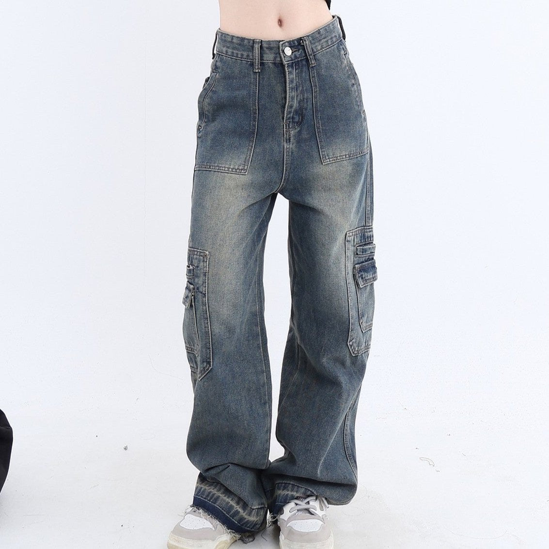 Vintage Wash High Waist Cargo Jeans