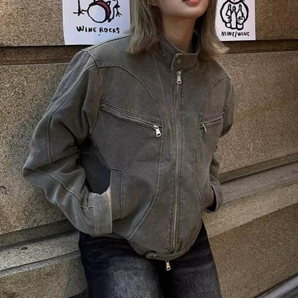 Vintage Washed Patchwork Zip Up Jacket