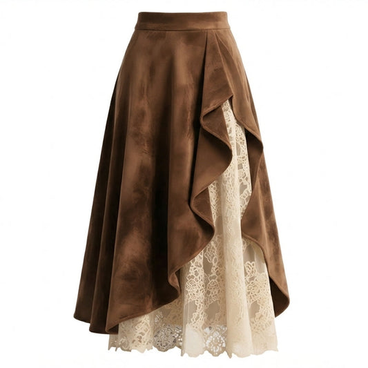 Ruffled Collar Blouse + Lace Patchwork Skirt + High Heel Shoes - fairypeony