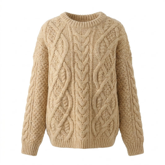 Beige cable knit sweater on a white background