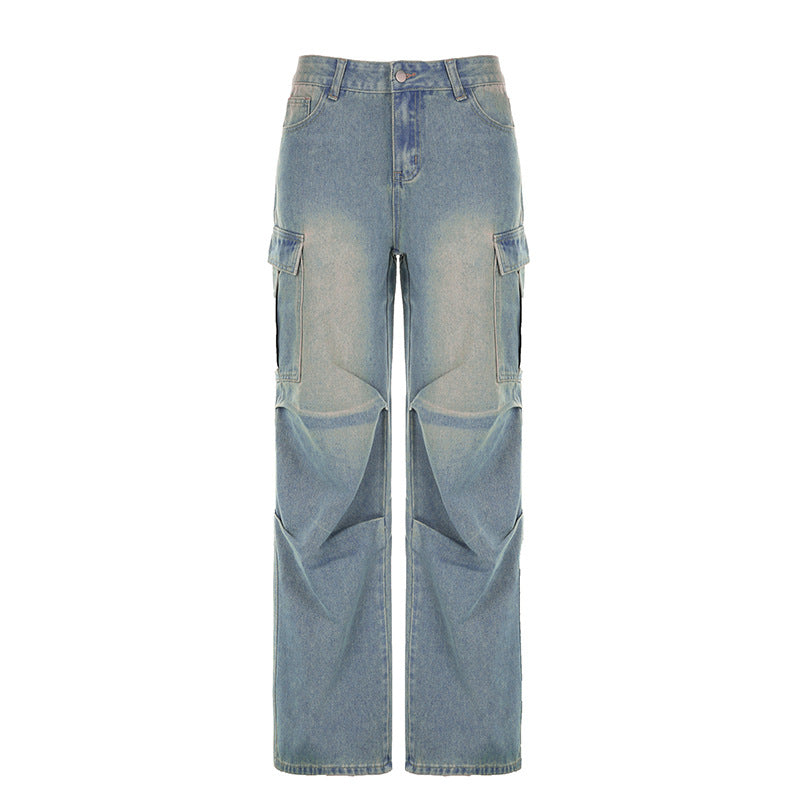 Washed Shirring Flap Pocket Cargo Jeans - fairypeony