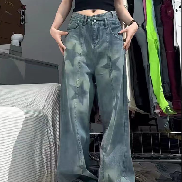 Washed Star Print Loose Jeans - fairypeony
