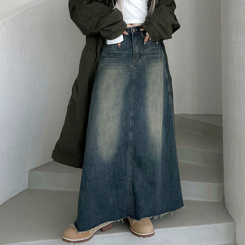 Washed Vintage Long Denim Skirt