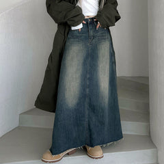 Washed Vintage Long Denim Skirt