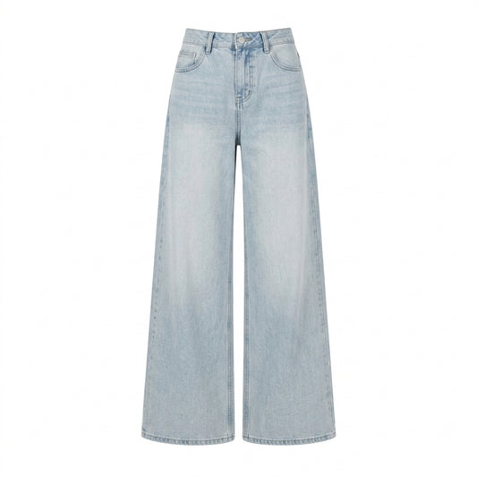Light wash wide-leg denim jeans shown flat against a solid white background.