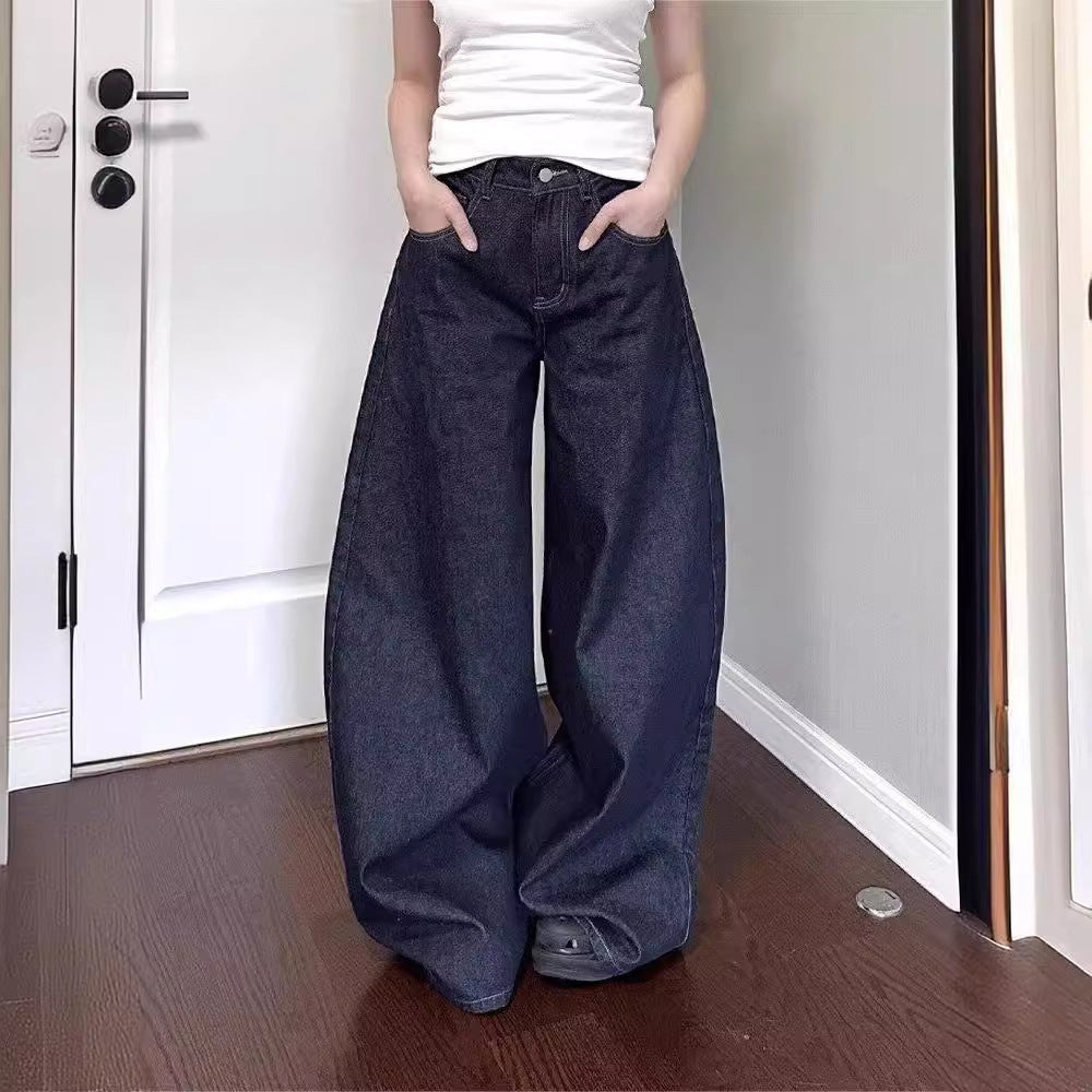 Washed baggy high waist straight mopping jeans