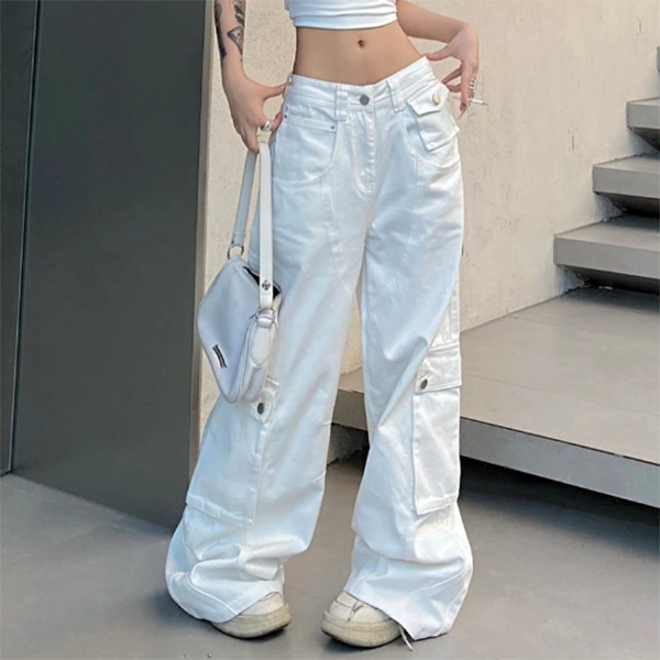 White Big Pocket Splice Mopping Cargo Boyfriend Jeans - fairypeony