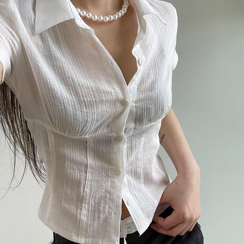 White Cropped Short Sleeve Blouse - fairypeony
