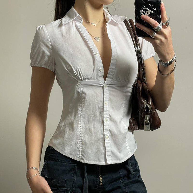 White Slim Waist Short Sleeve Blouse