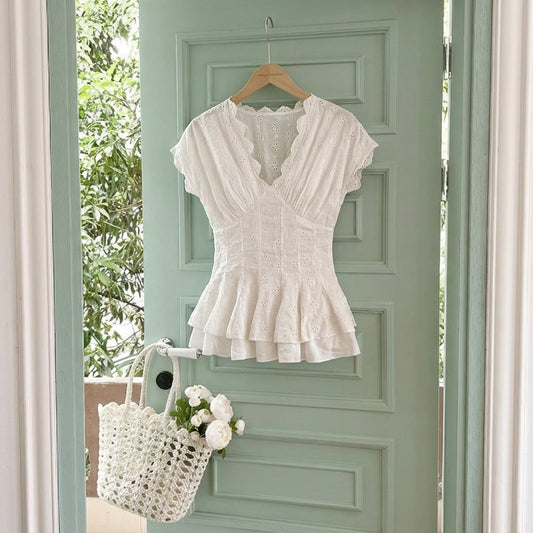 Lace Trim Aesthetic V-Neck Ruffled Blouse - fairypeony