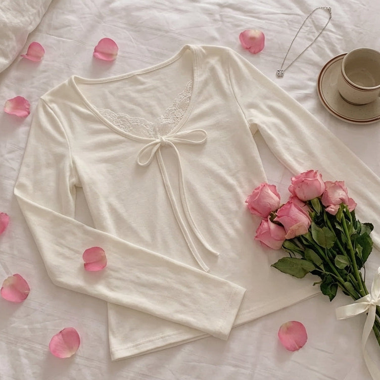 Aesthetic Lace Trim White Long Sleeve Tee - fairypeony