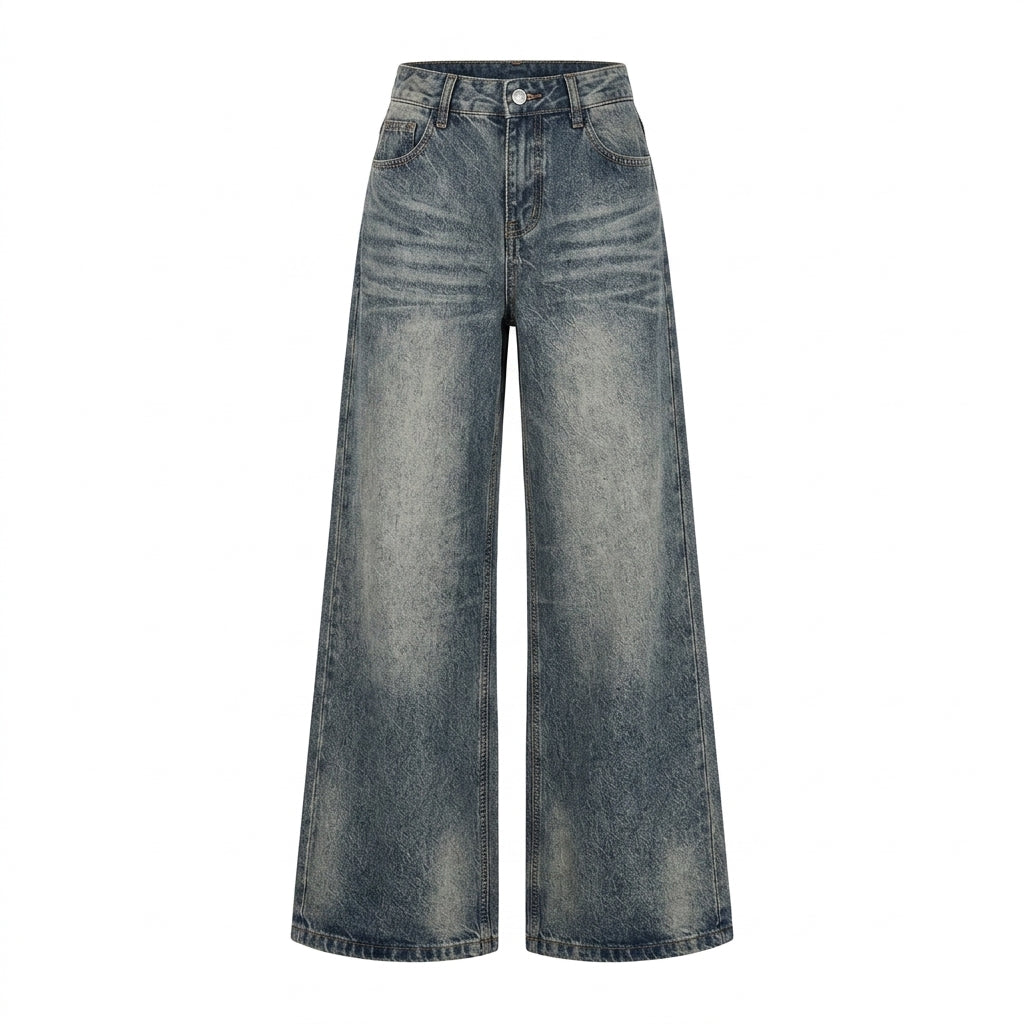 A pair of high-waisted, wide-leg denim jeans in a faded blue wash, shown flat against a solid white background.