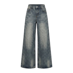 A pair of high-waisted, wide-leg denim jeans in a faded blue wash, shown flat against a solid white background.