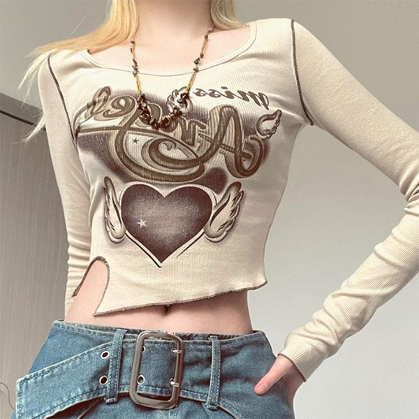 Winged Heart Rib Long Sleeve Crop Top - fairypeony