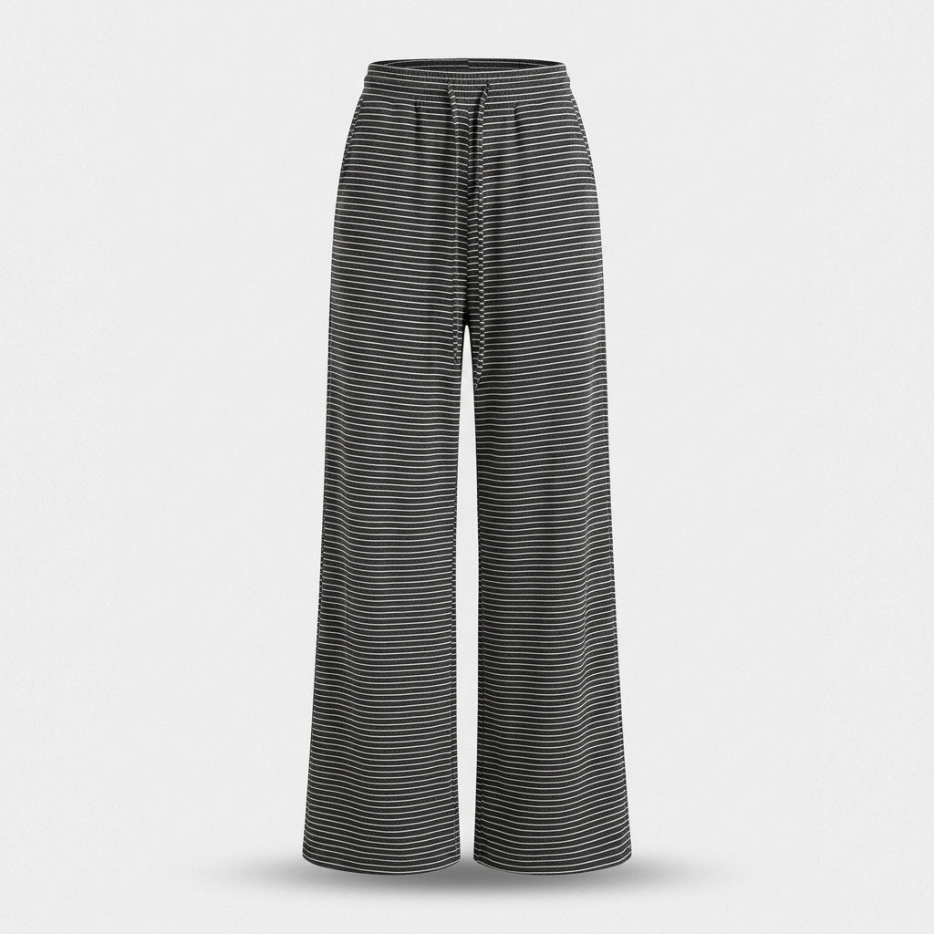 A pair of wide-leg pants with a black and gray horizontal striped pattern, shown against a light gray background.