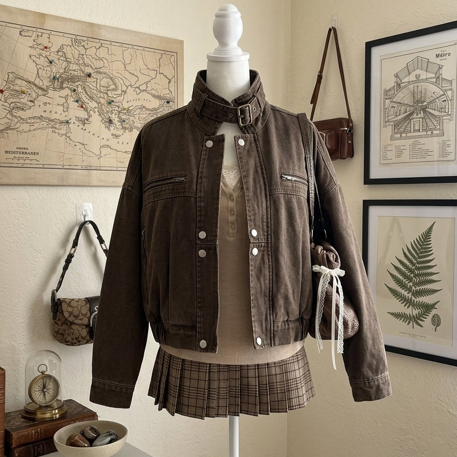 A brown cropped denim jacket displayed on a white mannequin torso, styled with a beige knit top and a brown plaid pleated skirt, set against a vintage-themed room background with framed maps and botanical prints.