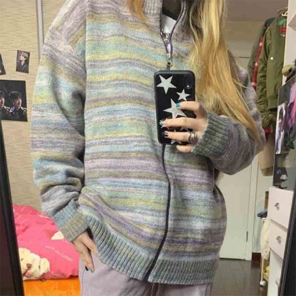 Zip Up Striped Knit Cardigan - fairypeony