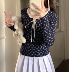 Ruffled Lace Trim Front Tie Long Sleeve Tee