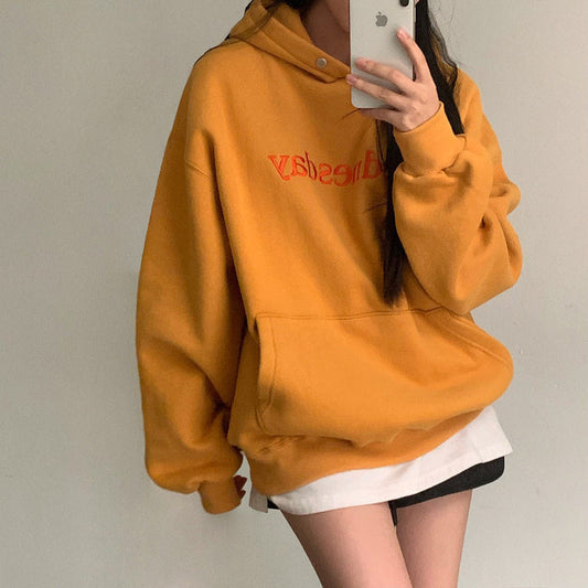 Vintage Embroidery Letter Solid Color Hoodie
