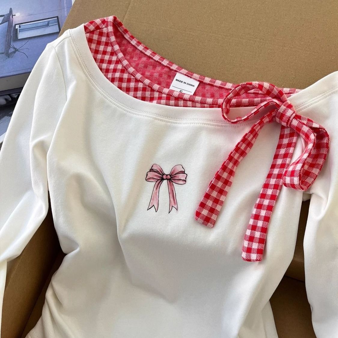 Aesthetic Bow Fake Two-piece Long Sleeve Tee - fairypeony