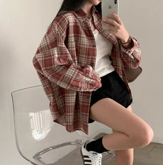 Vintage Plaid Print Loose Long Sleeve Blouse