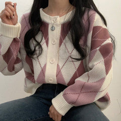 Vintage Argyle Print Oversized Cardigan
