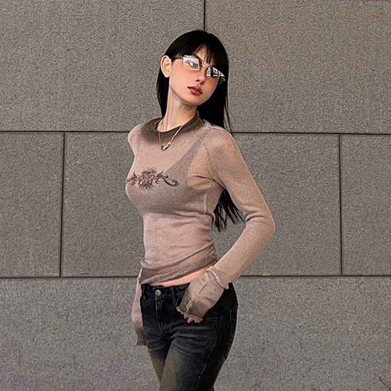 Vintage Print Mesh Long Sleeve Tee - fairypeony