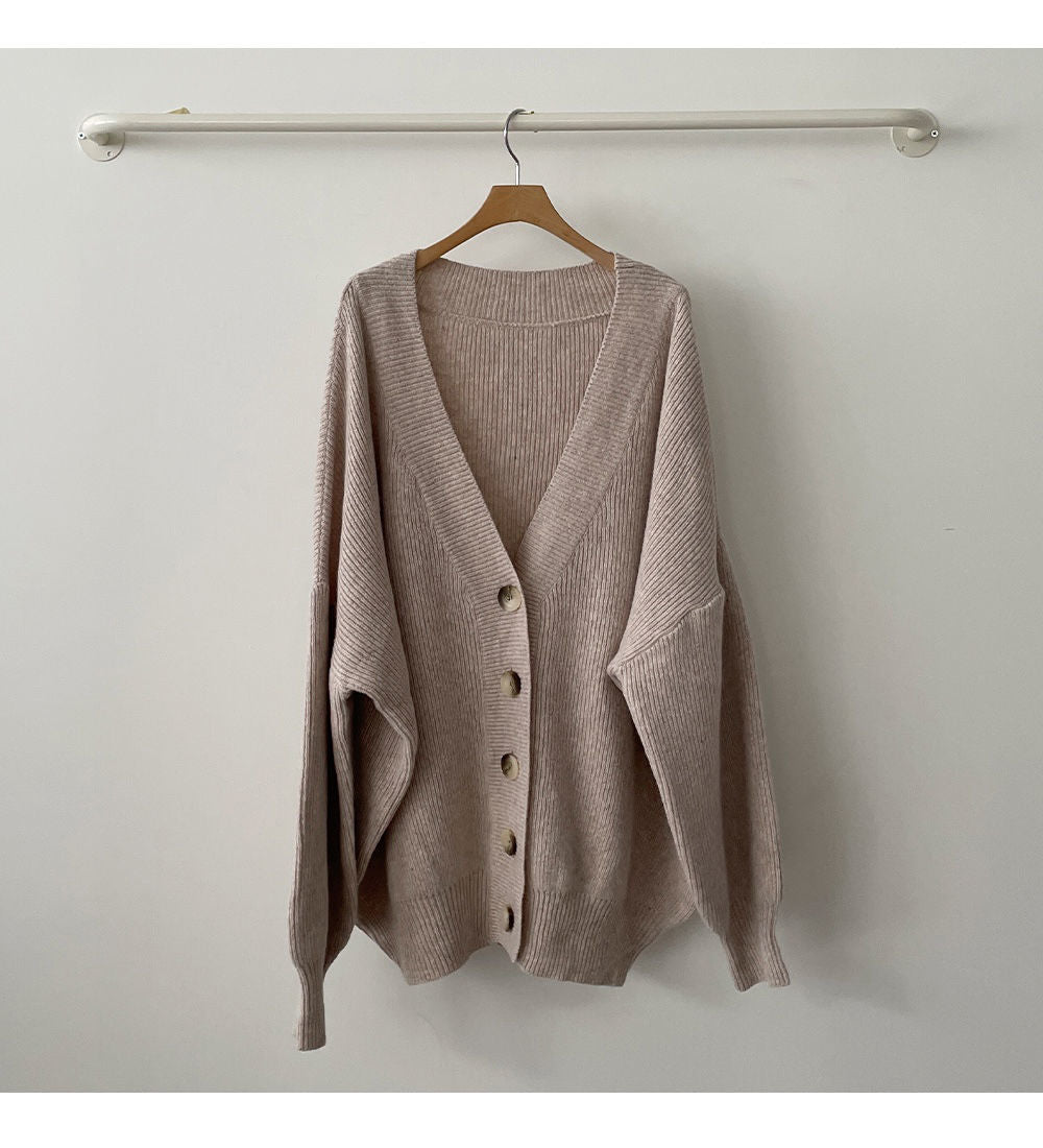 Preppy Solid Color V Neck Baggy Cardigan - fairypeony