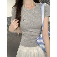 Embroidered Bow Slim Short Sleeve Tee