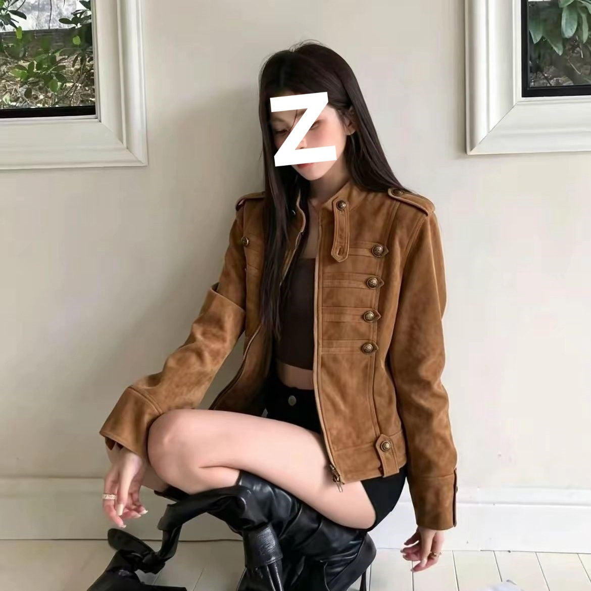 Suede Stand-Up Collar Short Jacket – Loose Fit Coat with Metal Buttons