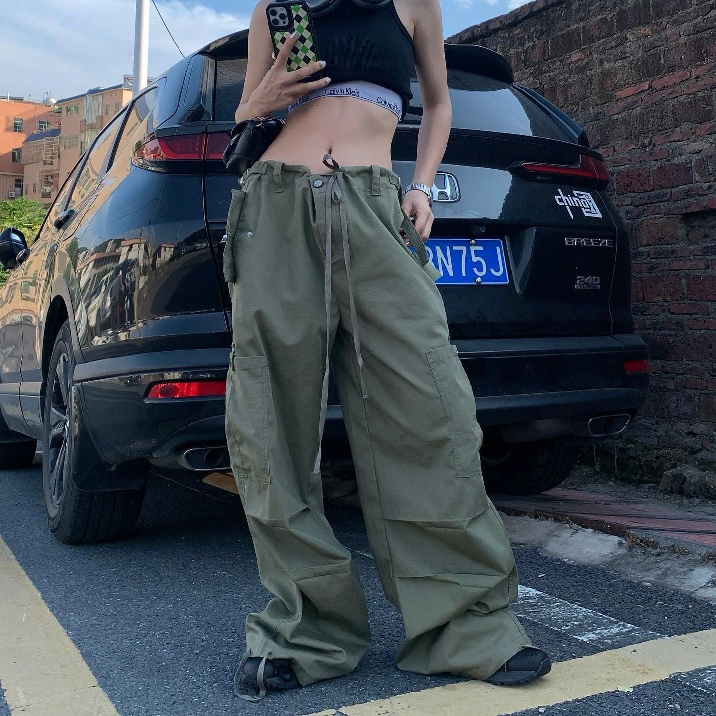 Tie Strap Parachute Baggy Cargo Pants - fairypeony