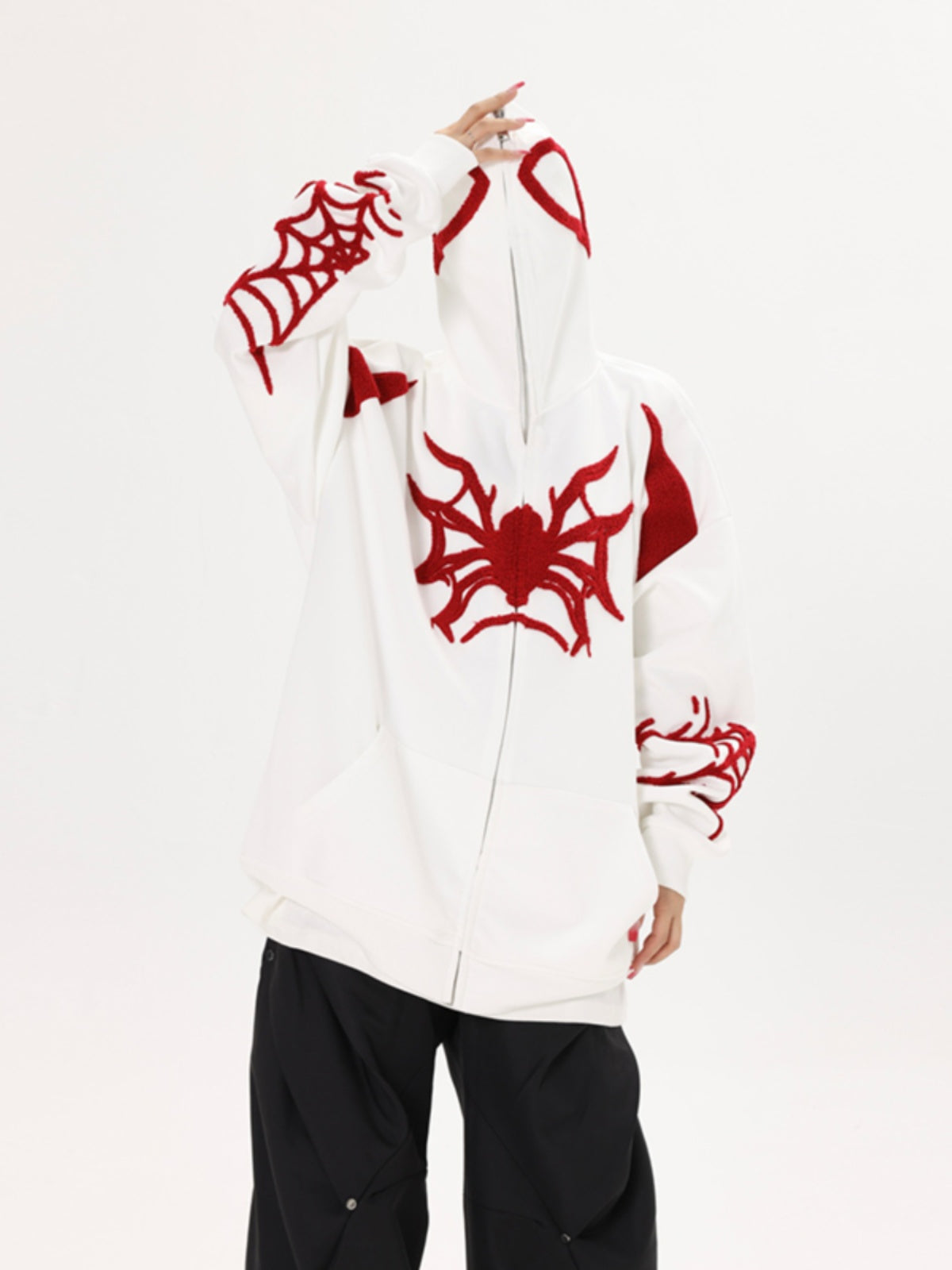 Embroidery Punk Spider Zip Up Hoodie - fairypeony
