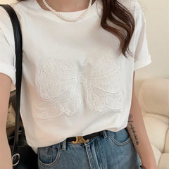 Embroidery Bow Oversized Short Sleeve Tee