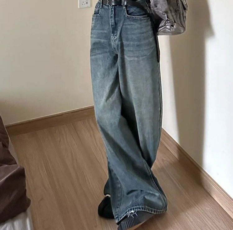 Vintage blue loose wide-leg denim pants in retro blue, front view