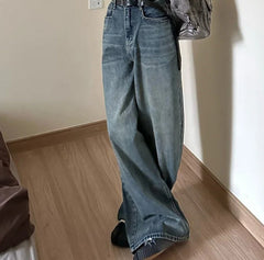 Vintage blue loose wide-leg denim pants in retro blue, front view