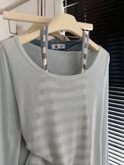 Faux Two-Piece Long Sleeve T-Shirt Set – Slim Fit Layered Tee with Striped Halter Cami in Green & Black (S–M)