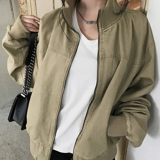 Loose-fit vintage washed zip-up bomber jacket in khaki, front view