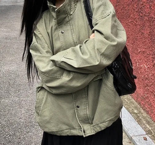 Vintage stand collar drawstring jacket in Army green
