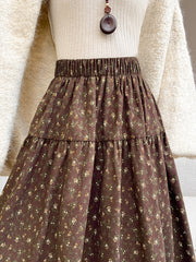 Floral Print Brushed Woolen Long Swing Skirt Midi Length