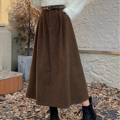 High  Waist Corduroy Flared Maxi Skirt