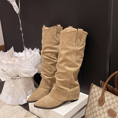 Women Pointed Toe Knee High Boots Chunky Heel Wide Calf Pull-On Boots