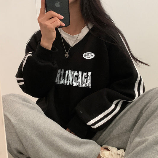 Vintage Letter Print V Neck Piping Long Sleeve Tee - fairypeony